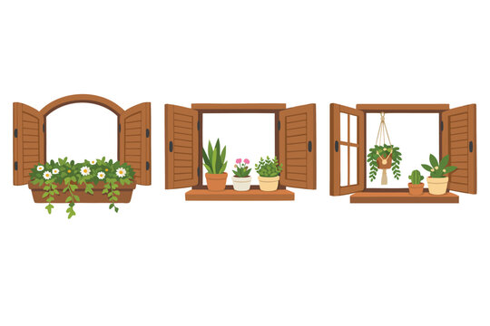 Vector Illustration Set of Three Open Rustic Wooden Windows with Shutters, Featuring Lush Green Plants, Colorful Flowers in Window Boxes, Potted Succulents, and Hanging Macrame Planters on White.
