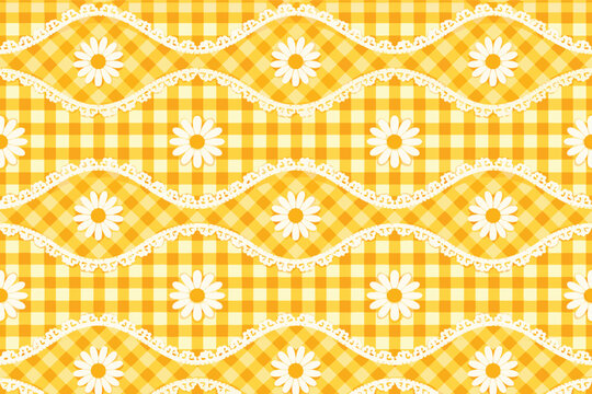 Yellow Gingham Seamless Pattern with White Daisy Flowers and Wavy Lace Borders, Bright Spring Summer Checkered Background for Textiles, Wallpaper, Fabric, Wrapping Paper, and Cute Graphic Design.