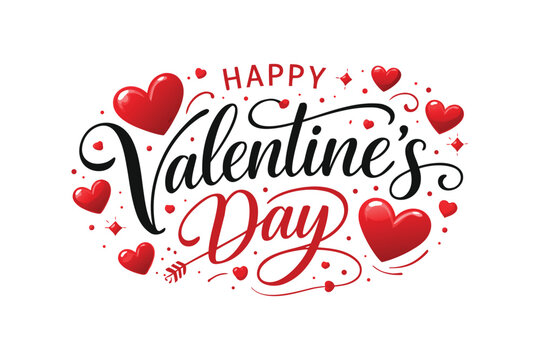Happy Valentine's Day Calligraphy Typography with Red Hearts and Elegant Lettering Design for Love Celebration, Romantic Greeting Card Vector Illustration on White Background with Decorative Swirls