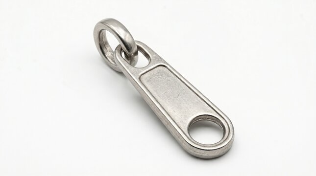 Single metallic zipper pull on white background