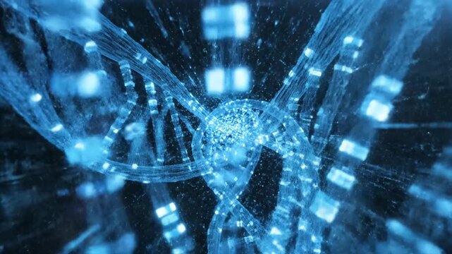 Digital blue DNA double helix with glowing particles and data