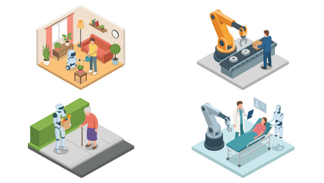 Isometric Vector Illustration Set of Robots Assisting Humans in Diverse Scenes: Home Gardening, Industrial Factory Work, Elderly Care Grocery Support, and Medical Healthcare Patient Assistance.