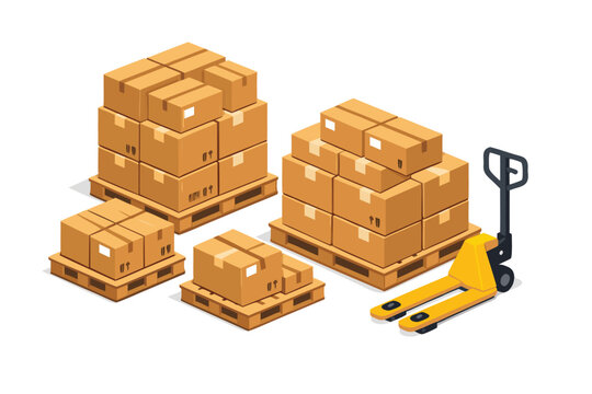 Isometric Vector Illustration of Stacked Cardboard Boxes on Wooden Pallets with a Yellow Pallet Jack for Warehouse Logistics, Shipping, Distribution, and Storage Management Industry Concepts