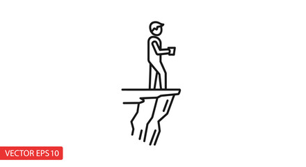 Fototapeta premium Man on cliff edge holding coffee cup, looking out at view, risk, contemplation, business concept