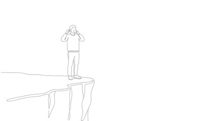 Obraz premium Man on cliff edge looking through binoculars, adventure, exploration, discovery concept