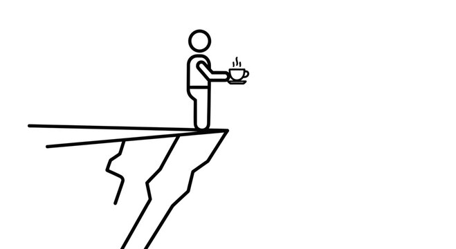 Man on cliff edge holding hot steaming coffee cup, risky morning brew concept