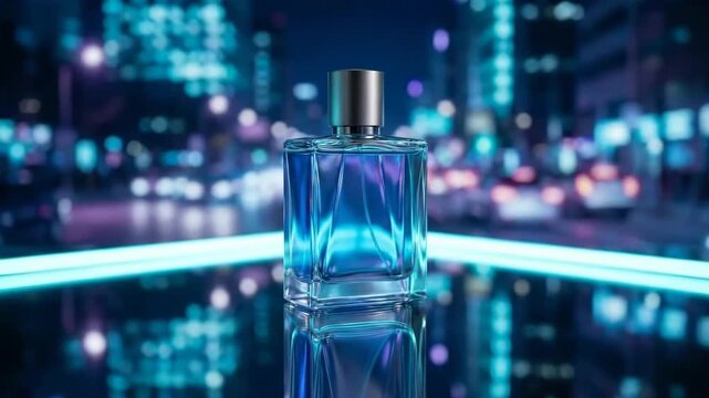 Heavy Square Glass Perfume Bottle Containing Vibrant Blue Liquid on Reflective Surface with Neon Cyan Lights