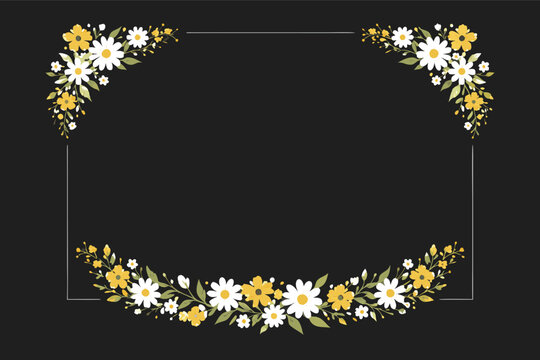 Elegant Black Rectangular Frame with White and Yellow Daisy Floral Decorations, Botanical Border with Wildflowers and Green Leaves for Wedding Invitations, Greeting Cards, and Stationery Design.