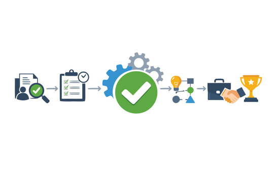 Professional business workflow diagram illustrating approved process steps from analysis and planning with gears to strategy execution, handshake, and trophy for successful achievement.