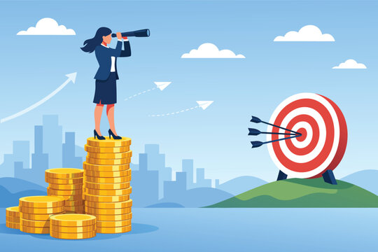 Businesswoman Standing on Stack of Gold Coins Looking Through Telescope at Target Goal Concept of Financial Success Investment Strategy Visionary Leadership Career Growth and Business Achievement
