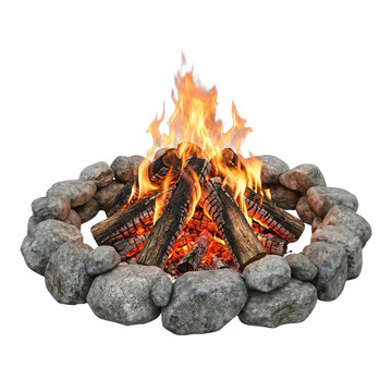 Natural Stone Ring Campfire with Burning Logs and Glowing Embers
