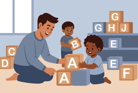 Happy father is shown playing with his two young sons using alphabet building blocks in a bright and cheerful children playroom.