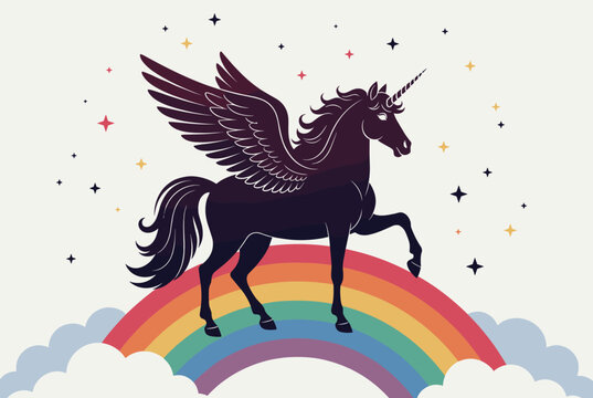 Elegant silhouette of a winged unicorn stands on a rainbow amidst a starry night sky with fluffy white clouds.