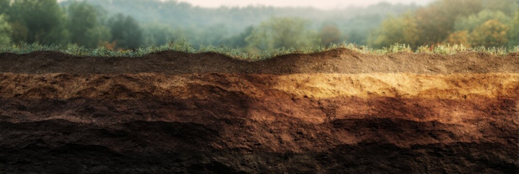 Soil cross section background with layered earth texture and forest landscape, geology and agriculture concept
