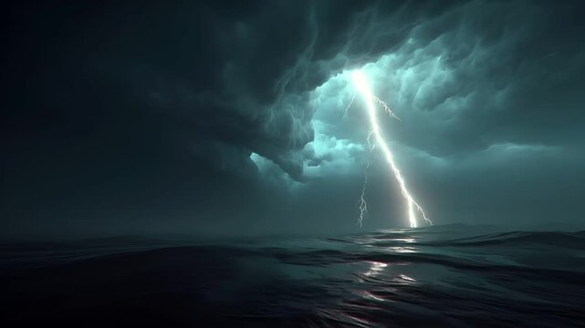 Fantasy wallpaper. A dramatic depiction of a stormy landscape. The sky is filled with dark, stormy clouds, and a bright, radiant lightning bolt is striking down from the center.