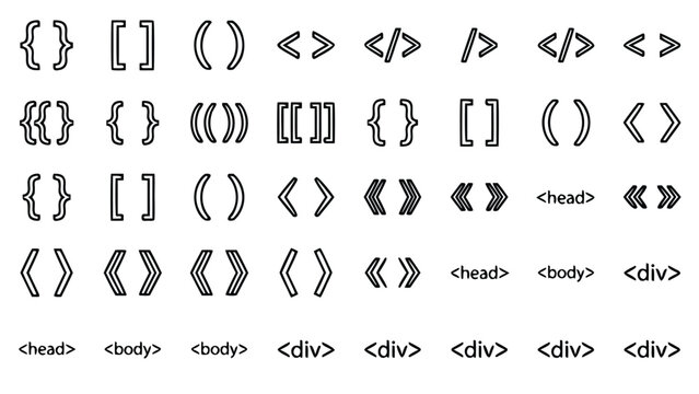 Vector Icon Set of Coding and Web Development Brackets in Outline Style. Features Curly Braces, Square Brackets, Parentheses, Angle Brackets, and HTML Tags like Head, Body, and Div for Programming.