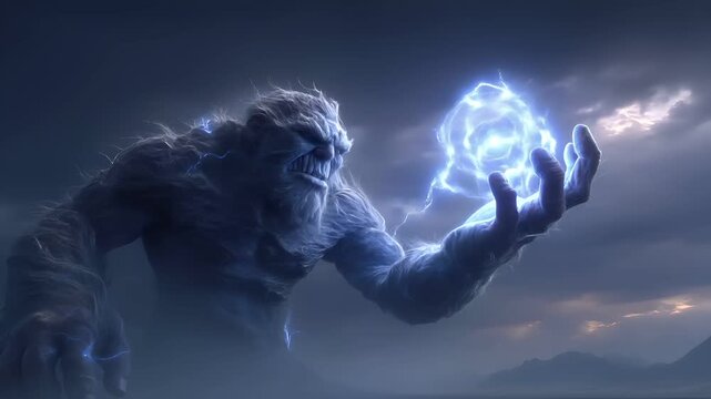 Fantasy wallpaper. A vivid portrayal of a colossal, menacing creature, likely a troll or troll, set against a dramatic sky. The creature is depicted in a dynamic pose, with one hand extended outward.