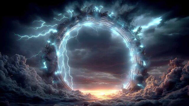 Fantasy wallpaper. A vivid digital artwork depicts a dramatic sky scene. A large, swirling vortex of lightning arcs through the clouds, creating a mesmerizing visual effect.