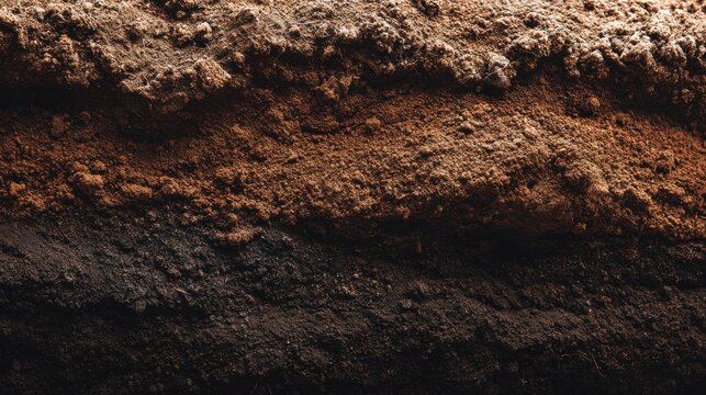 Soil profile cross section texture background, layered earth and topsoil close up for agriculture and geology