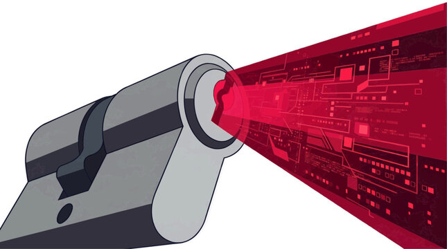 Digital security concept with a lock and glowing red data stream
