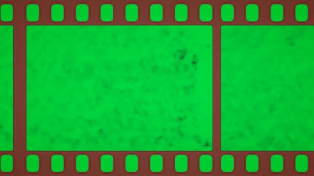 Celluloid film frame moving motion on green screen chroma key background. Standard clear celluloid borders overlay video template. visual broadcast asset portfolio motion ad cinematic cut fx camera
