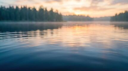 Obraz premium Serene Lake Sunrise with Misty Forest and Golden Sky Reflection.