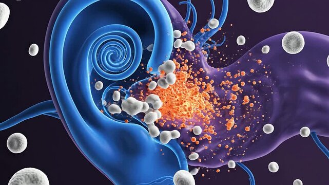 Intricate 3D Illustration of Human Ear Anatomy and Inner Structure on Dark Purple Background for Medical and Educational Visualization