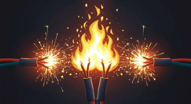 Dangerous electrical short circuit illustration featuring frayed power cables with intense sparking and a central fire flame caused by faulty wiring on a dark background.