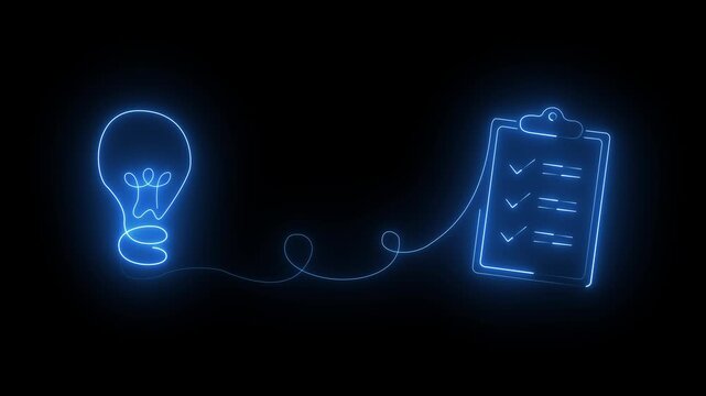 Neon Light Bulb and Clipboard Checklist Animation, Glowing Blue Line Document with Idea Bulb Creative Business Concept Element on Black Background