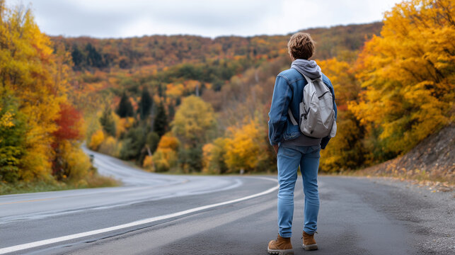 Wide shot of a young american male traveler standing alone in middle of empty winding mountain road surrounded by autumn forest, casual travel outfit with light backpack, soft brig