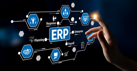 Fototapeta premium A human hand interacts with a digital interface representing an ERP system, showcasing business management elements like planning, payroll, and analytics for enhanced efficiency. Tessel