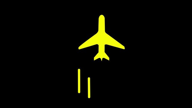 Airplane Flying Animation, Yellow Plane Icon with Speed Motion Lines on Black Background, Travel and Aviation Graphic Element