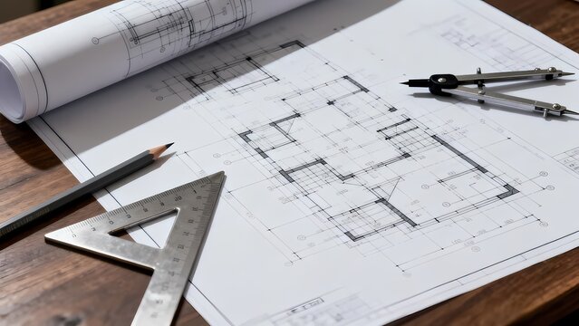 Architectural blueprints and drafting tools laid out on a wooden table for a construction project