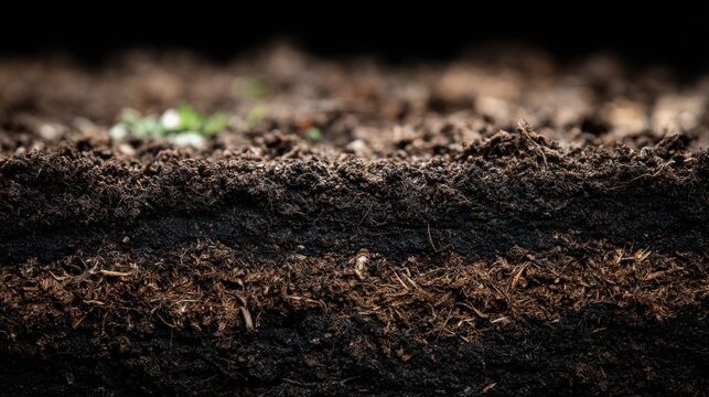 Soil layers cross section with rich dark topsoil and humus texture, agriculture and gardening background