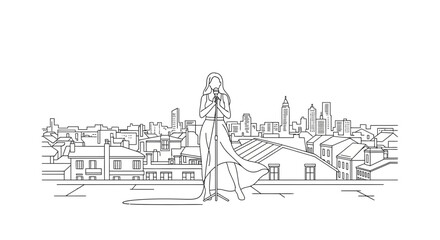 Fototapeta premium Singer performing on rooftop with city skyline background, line art illustration