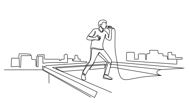 Singer performing on rooftop with city skyline, continuous line drawing