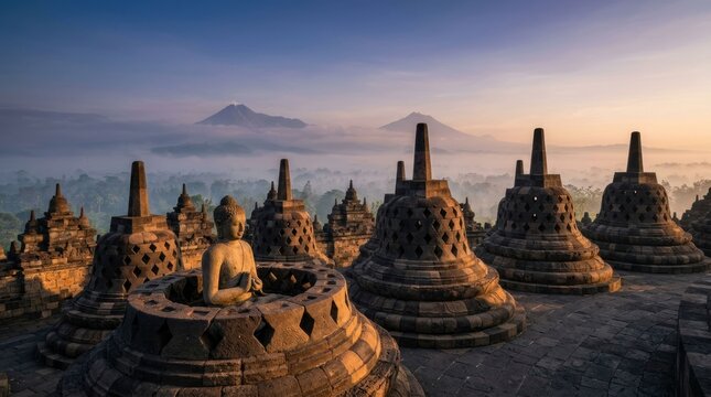 Sunrise Over Borobudur Temple Complex With Stupas and Buddha Statue.
