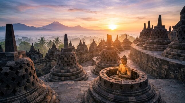 Sunrise Over Borobudur Temple Indonesia Ancient Buddhist Monument.