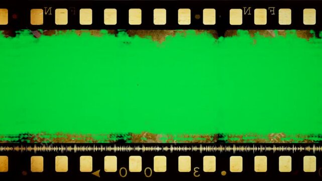 Damage film frame moving motion on green screen chroma key background. Burned edge celluloid dirt art overlay video template. ui hd tv industry top portfolio lens cinema image digital post studio