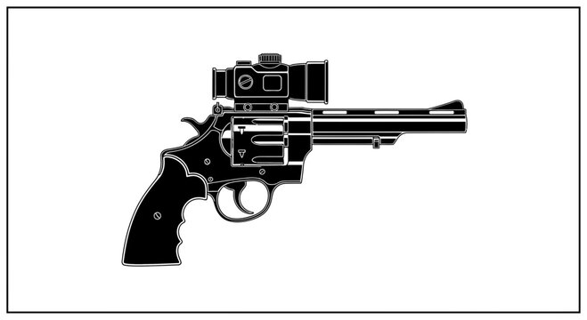 Revolver Pistol with Red Dot Sight, Tactical Weapon, Firearm, Close-up, Black and White Illustration