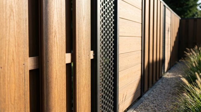 Modern garden fence made of composite wood planks and black metal perforated panel. Exterior home boundary with decorative architectural design. Backyard perimeter wall structure.