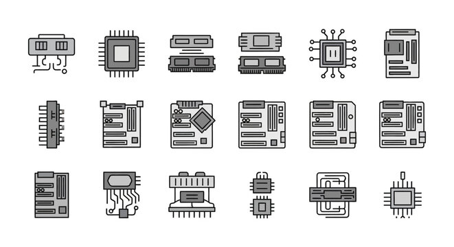 Collection of computer components icons cpu ram motherboard graphics