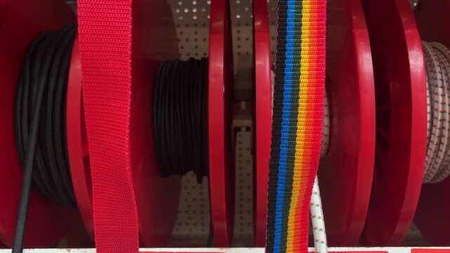 Close-up of colorful sewing fabric thread spools on retail shop shelves