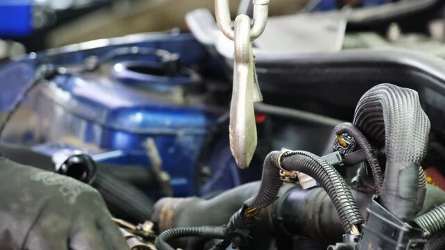 Specialist works on car parts near hanging metal hook. Mechanic in gloves performs vehicle repair inspecting wiring harnesses and cooling system