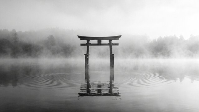 A mystical torii gate fades into thick morning fog above calm waters, creating a minimalist Japanese scene with elegant negative space and peaceful cinematic ambiance.
