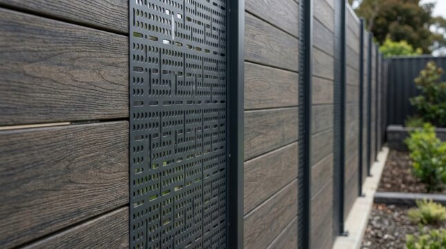 Modern backyard fence made of composite wood panels and decorative metal screen. Residential exterior landscaping upgrade. Contemporary garden border design for privacy and architecture.