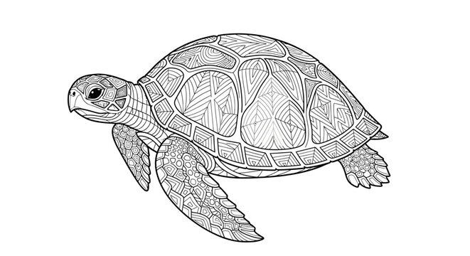 Detailed sea turtle illustration with geometric patterns for coloring
