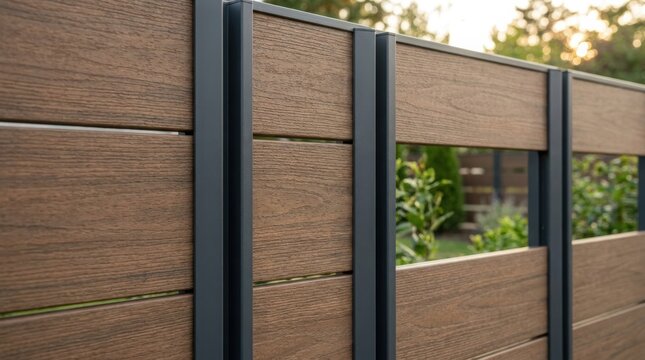 Modern brown composite fence with metal frame in backyard garden. Privacy barrier for residential landscape design. Durable exterior wall architecture for home security and boundary.