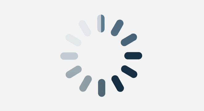 Minimalist circular loading spinner icon featuring twelve rounded segments with a color gradient from light gray to dark navy blue, isolated on a white background for UI design.
