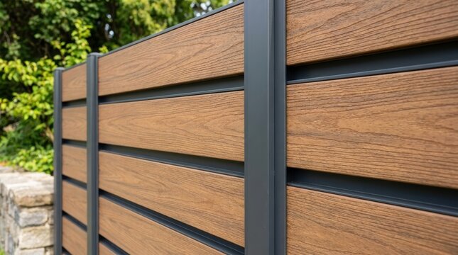Modern fence made of wood composite planks and metal posts. Exterior boundary wall for residential home garden. Privacy screen, architecture, landscaping and outdoor property security.